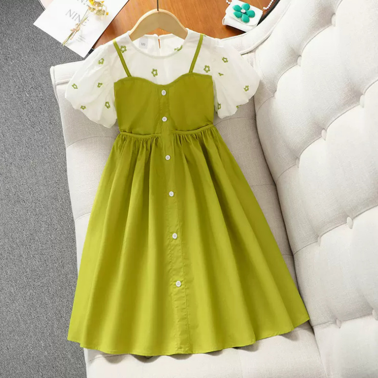 Girls' Summer dress Children's Bubble Short-sleeved Fake Two-piece Strand Skirt Korean-style Big Children's College-style Skirt Girls' Summer dress Children's Bubble Short-sleeved Fake Two-piece Strand Skirt Korean-style Big Children's College-style Skirt