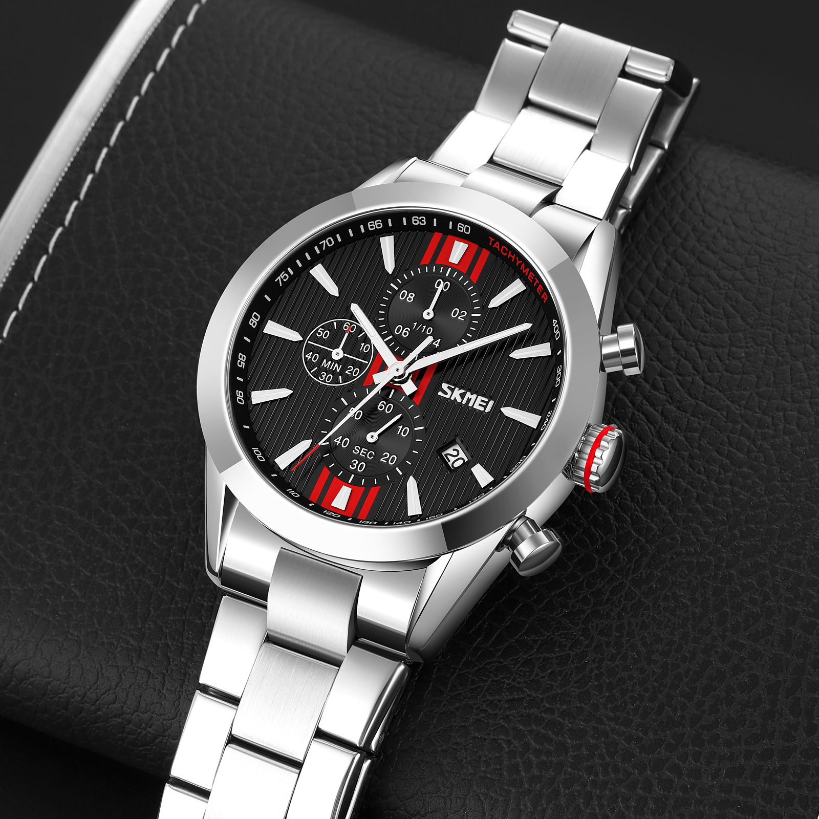 Momento de relojes de hombre transfronterizos tres ojos cronógrafo calendario multifuncional acero correa relojes de cuarzo fábrica al por mayor spot