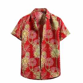 欧美男装春夏新款休闲潮男士短袖3D数码印花衬衫大码衬衣大红开衫