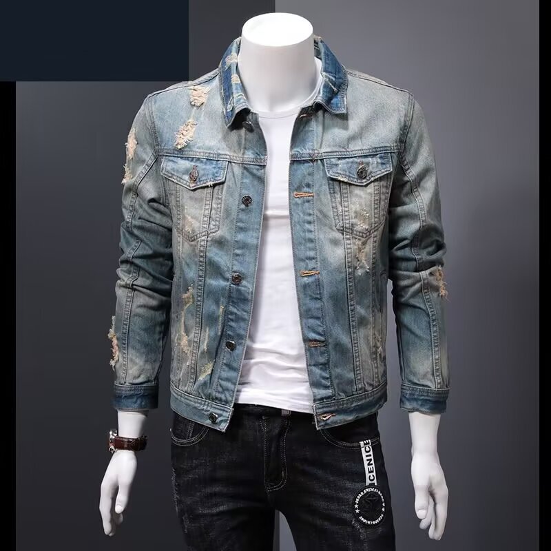 Autumn and Winter Retro Ripped Denim Jacket Men's Casual Trendy Brand Youth Denim Jacket Versatile Jacket Nostalgic Top for Men