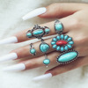 Ethnic retro turquoise fashionable ring, set, ethnic style, 8 pieces