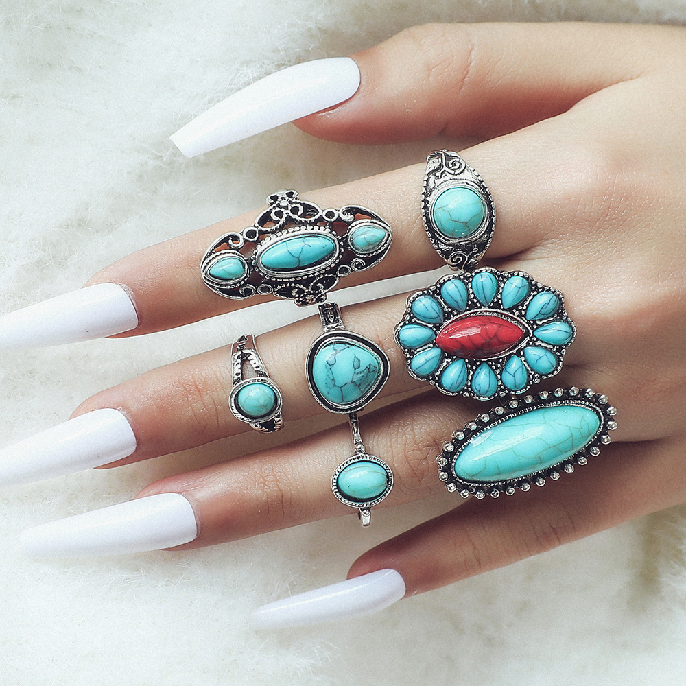 Exaggerated Ethnic Style Cool Style Leaf Round Snake Alloy Plating Inlay Turquoise Women's Rings display picture 17