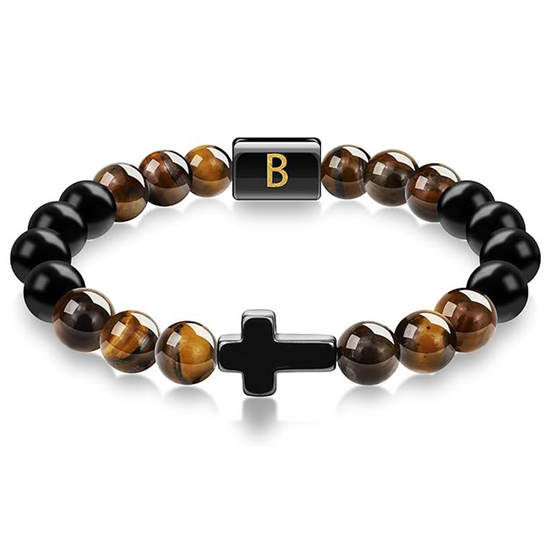 FAshion A-Z English Letter BrAcelet NAturAl Tiger Eye Stone Cross BrAcelet Frosted Stone BeAded NAme HAnd Jewelry