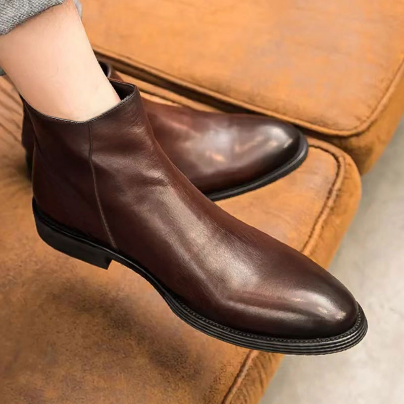 Scarpe in pelle casual da lavoro alte in pelle Stivali retrò neri Stivali alti alla moda tutto in uno da uomo britannici_voghion.com