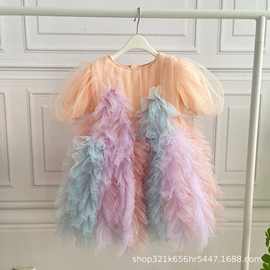 高端春夏女童连衣裙小女孩生日彩虹色公主裙小礼裙网纱蓬蓬裙洋气