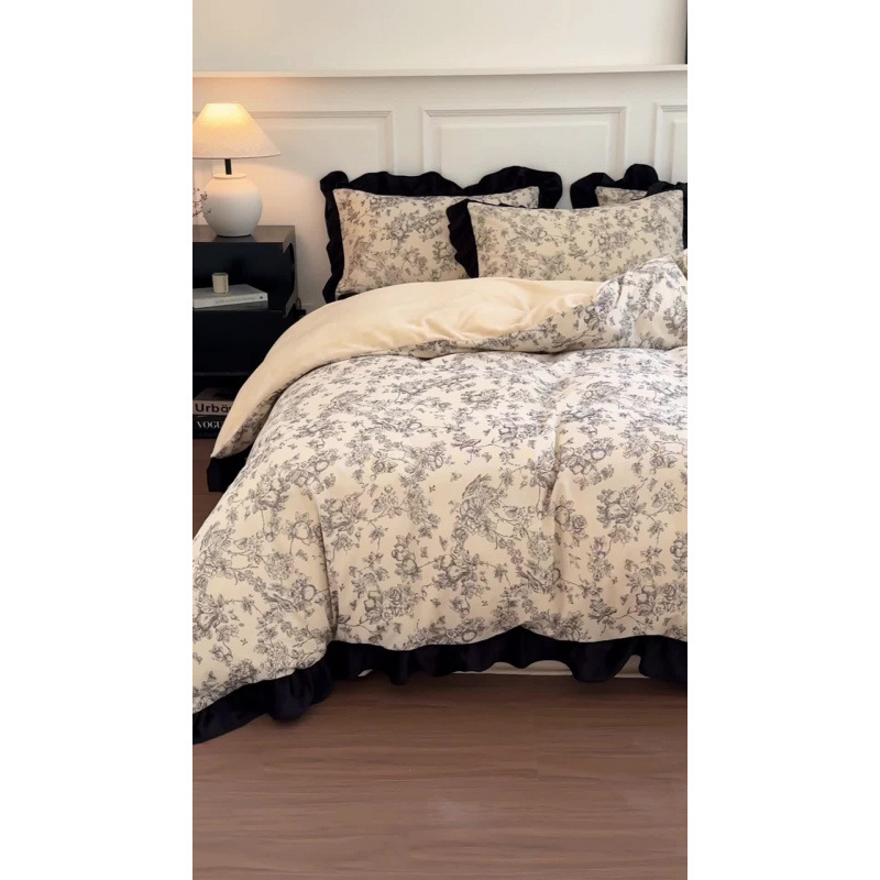 Noordse Franse Vintage Boho Franse stijl Corduroy Vierdelige Luxe Melkfluwelen Prinsessenstijl, Nieuw Model 2026 Hoeslaken, Dekbedovertrek, Beddengoed_voghion.com