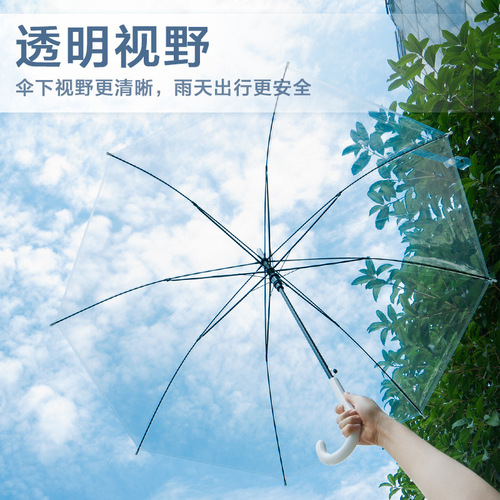 Transparent umbrella with long handle, 16 ribs reinforced, stylish for women, can print logo for advertising umbrellas, manufacturer wholesale