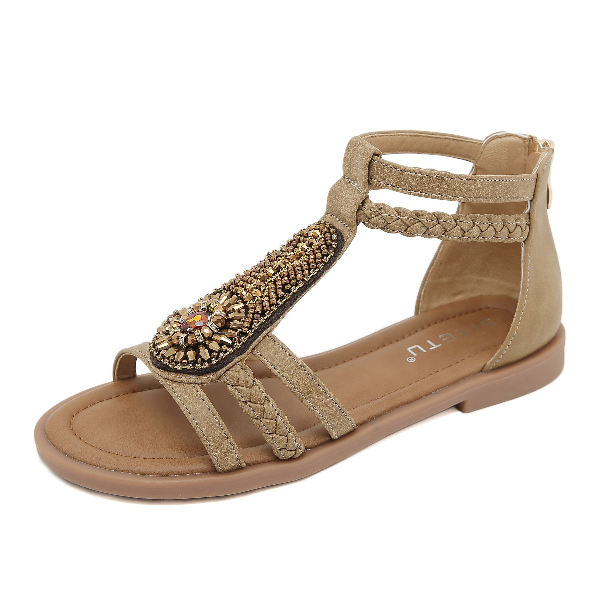 K9001 - 4 nuevas sandalias de verano de 2025 mujeres bohemia retro con cuentas zipper diamantes romanas sandalias de fondo plano