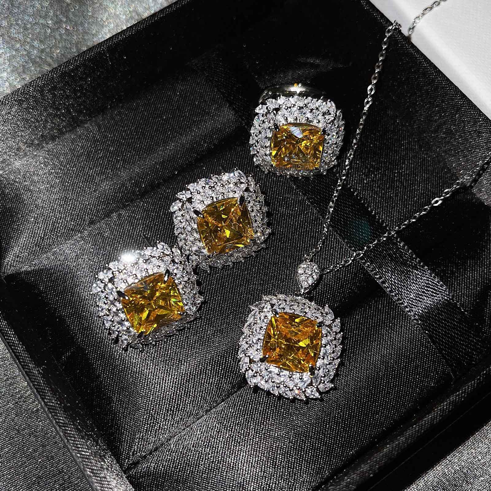 The New Luxury Color Treasure Set Inlaid With Ascher Yellow Diamonds Topa Blue Argyle Powder Ring Earrings Pendant display picture 10