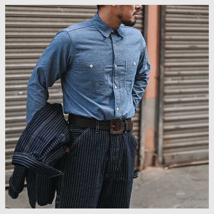 Men's waiter NON STOCK 50s classic double patch bag youth cloth long sleeve shirt Chambray workwear shirt