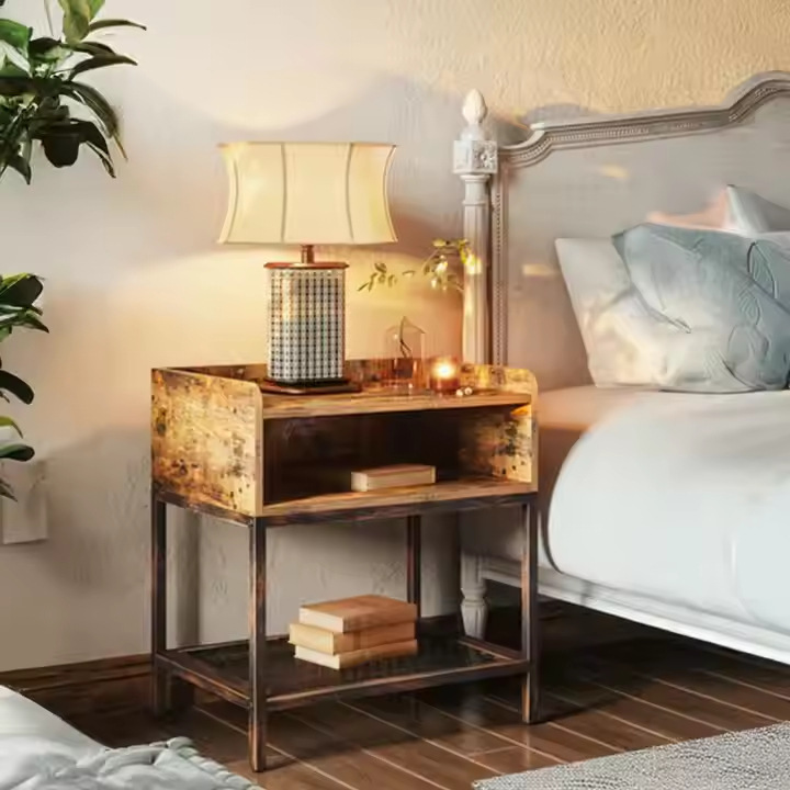 Modern Unique Design Country Style Solid Wood Metal Bedside Table Multifunctional Charging Station USB Port Oem&Odm