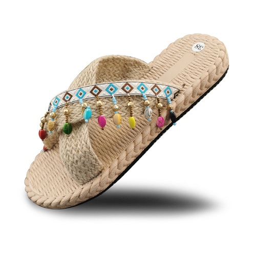 Xishuangbanna handmade slippers women's summer outerwear bohemian fashion tassel ethnic style wedge heels high-heeled beach shoes