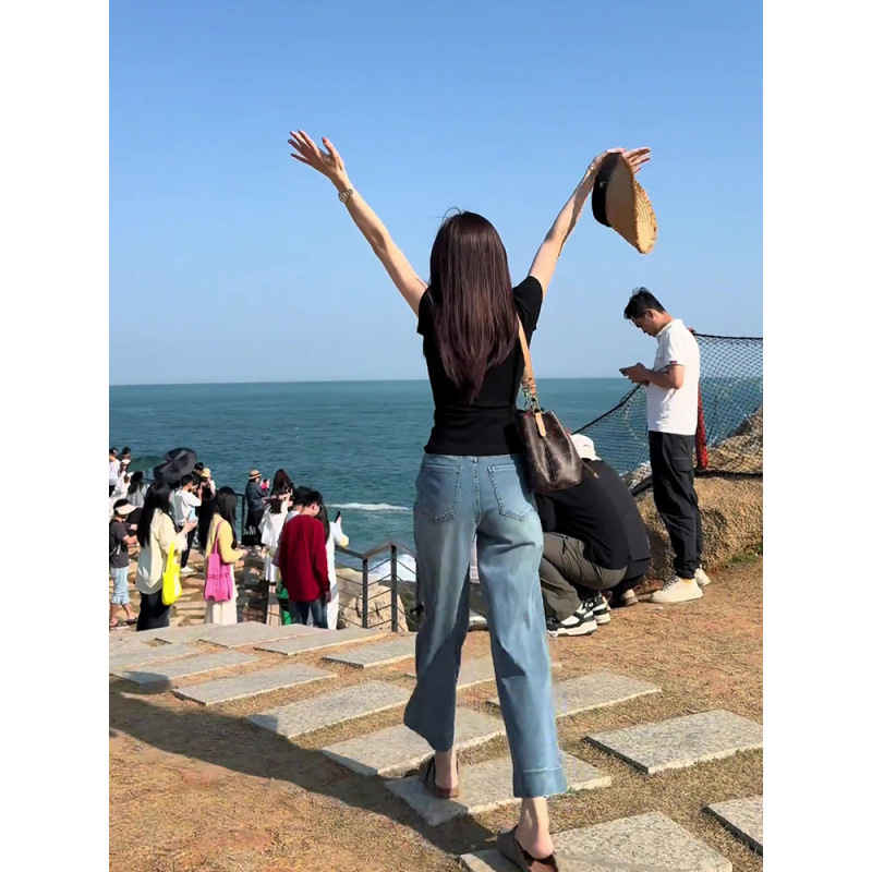 薄い色のまっすぐな筒の9分のジーパンの女性の夏の薄い金の年の新型のゆったりしている小さい背の狭い版の広い足のズボン|undefined
