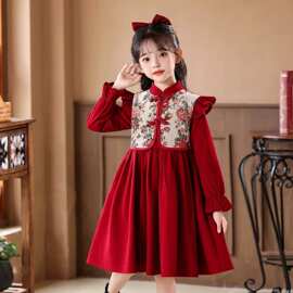 女童红色新年礼服秋冬新款儿童时尚新中式裙子小女孩拜年服公主裙