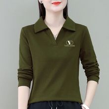 2025秋季长袖t恤女洋气减龄宽松大码中年妈妈装翻领打底衫上衣服