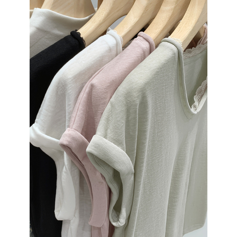 European-Style Trendy Youthful Loose Lace-Trimmed V-Neck Short-Sleeve T-Shirt for Women, New Summer Model, Unique and Beautiful Pure Desire Style Top