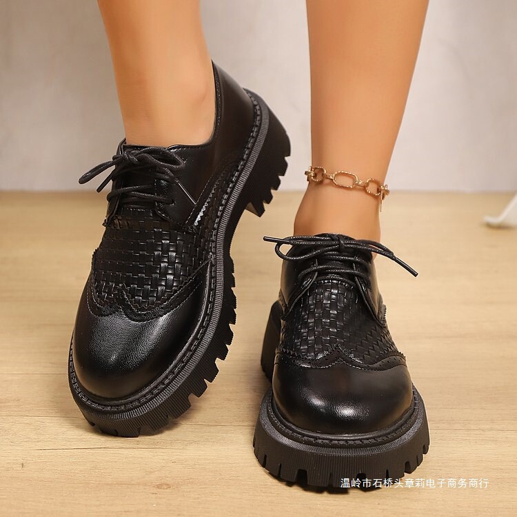 European and American Foreign Trade Large-Toe Business Casual Summer Leather Shoes Hollow Thick-Soled British Style Women's Shoes Heightening Breathable Single Shoes for Women