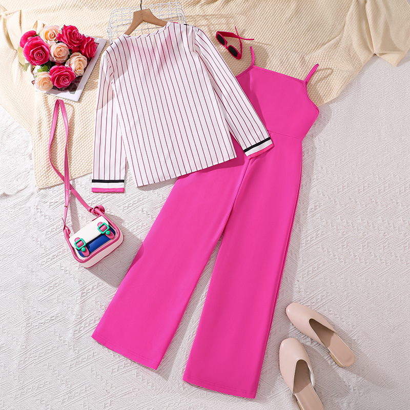 Abbigliamento per bambine dai 10 ai 12 anni, autunno, nuovo stile, giacca a maniche lunghe stampata a righe per bambini grandi, elegante + canotta_voghion.com