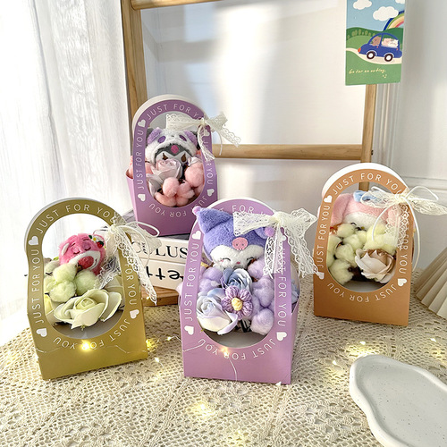 New Cartoon Plush Doll Flower Basket Creative Chinese Valentine's Day Gift Cute Simulated Rose Bouquet Wholesale