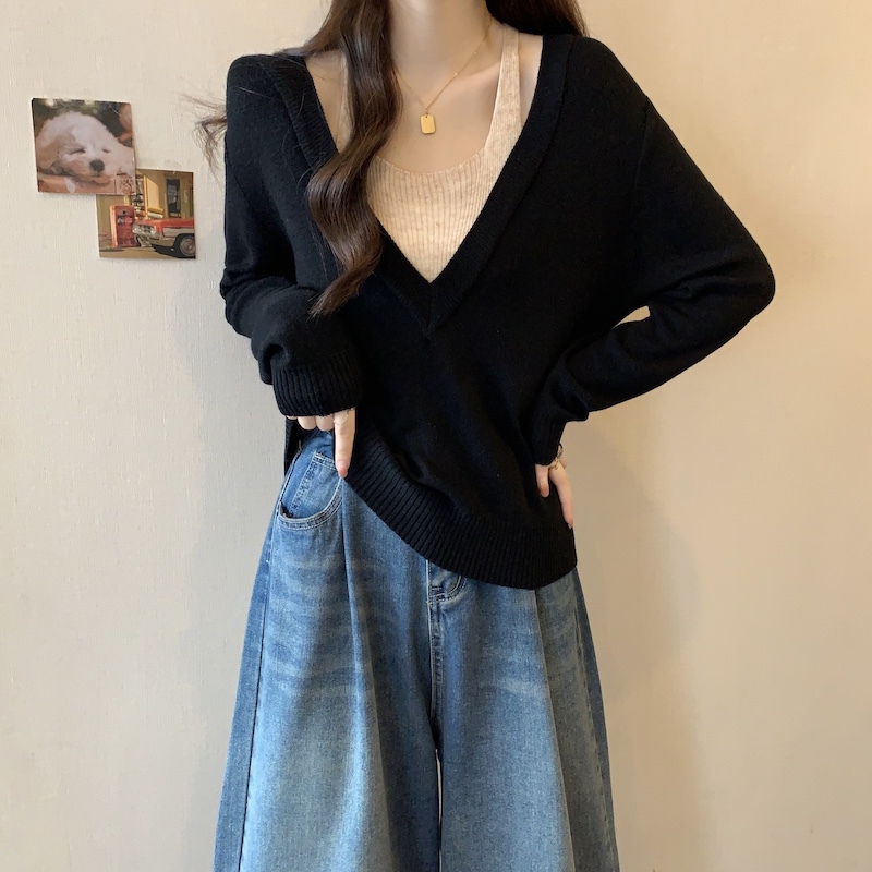 设计感挂脖长袖针织打底衫女秋季大码胖mm显瘦内搭假两件v领上衣|undefined