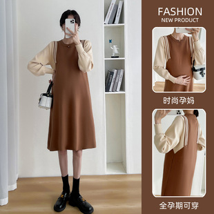 Maternity Dress, New Autumn Style, Fashionable Design, Color-Blocking, Loose Fit, Plus Size, Long Autumn Dress, Trendy Mom Autumn and Winter Clothing