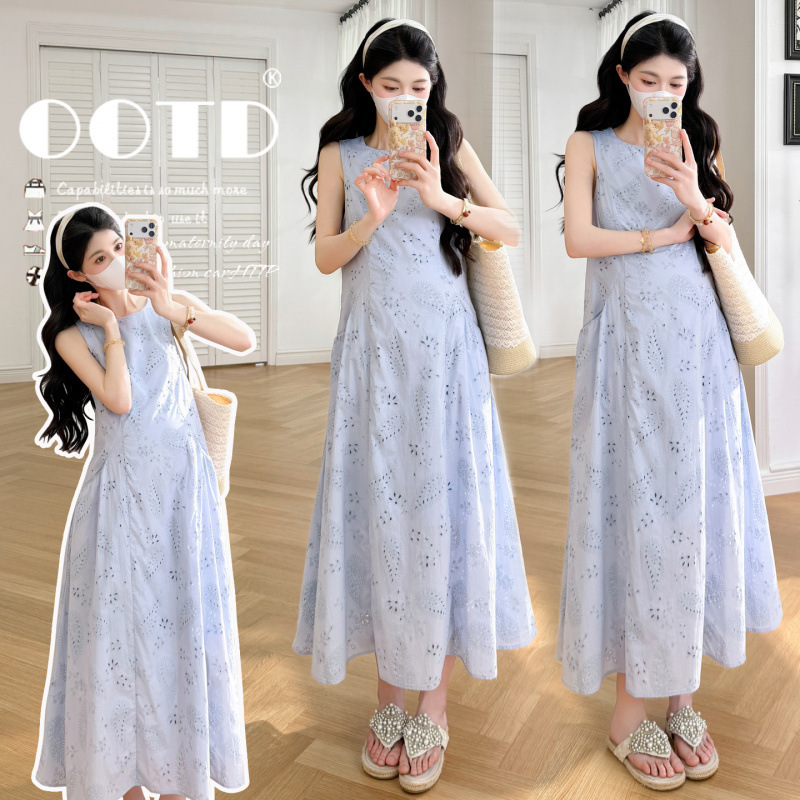2023 Summer New Design Hollow-Out Mid-Length Maternity Dress for Women, High-End Loose-Fitting Slimming Long Dress