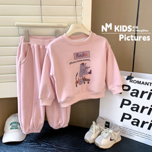 儿童秋冬加绒加厚套装2023新款韩版男女童卡通小熊卫衣卫裤两件套