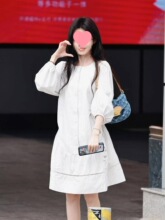 鞠婧祎明星同款衣服复古茶歇条纹长袖衬衫连衣裙女夏季高级感裙子