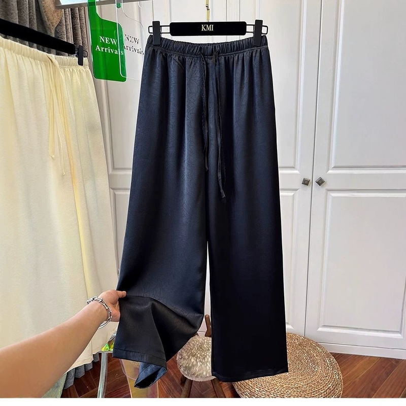 Original fabric plus size 150kg European style lace drawstring elastic waist casual pants for women, straight-leg pants with a slimming drape effect