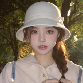 赫本风羊毛渔夫帽秋冬季女澳法式复古千金感小香风优雅蝴蝶结礼帽