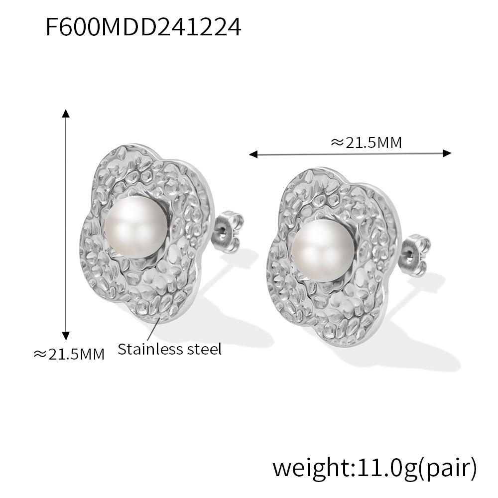Quadratische Ohrringe mit zuckerartiger Blütenblattstruktur und Perlenbesatz, Damen-Ohrringe aus Edelstahl und passende Ohrringkombination_voghion.com
