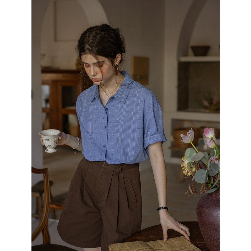 Dailyart "Cannes Haishi" French-Style Yarn-Dyed Jacquard Striped Loose-Fitting Short-Sleeve Shirt with Turn-Down Collar and Striped Placket