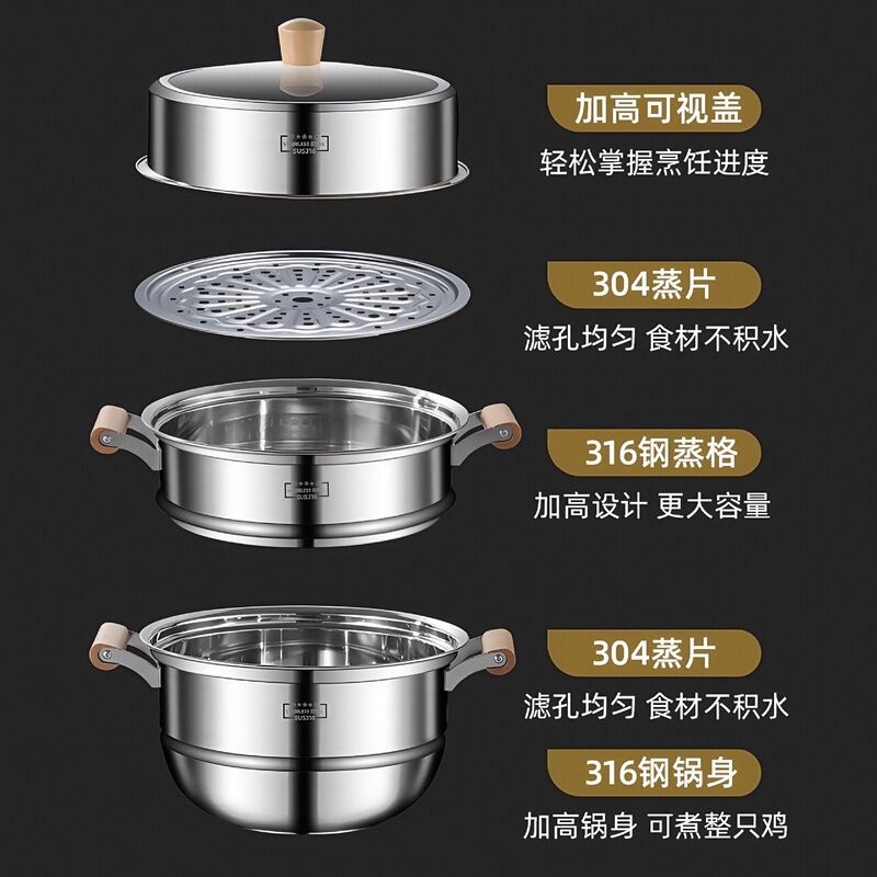 316食品级家用加厚三四层蒸鱼蒸馒头多层大容量不锈钢蒸锅蒸笼|undefined