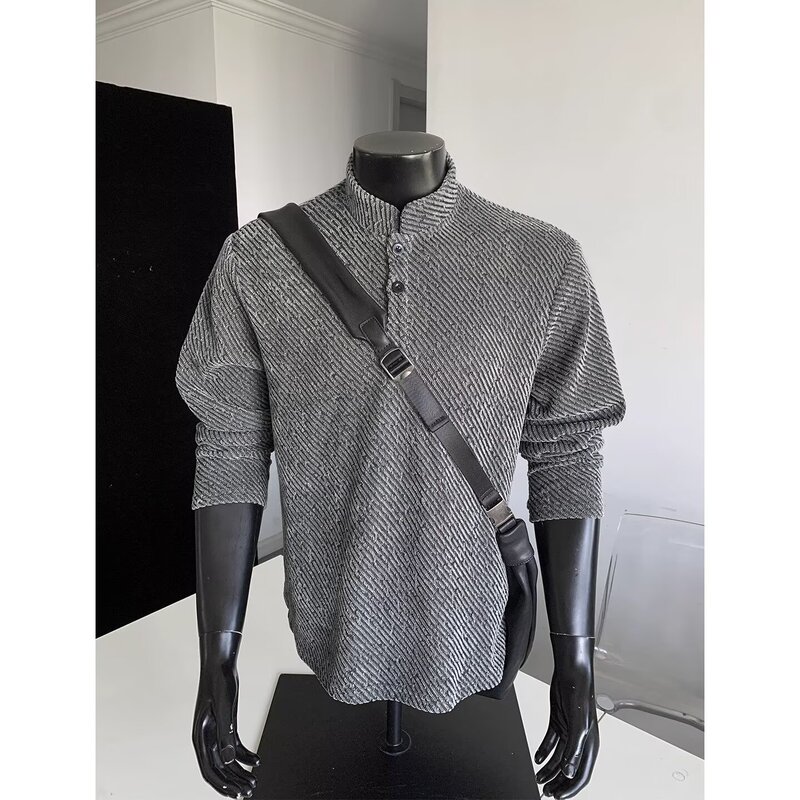 American Retro Style Spring and Autumn New Long-Sleeve T-Shirt for Men, Stylish Stand-Up Collar Polo Couple's Inner Layer Base Shirt, Trendy Men's Fashion