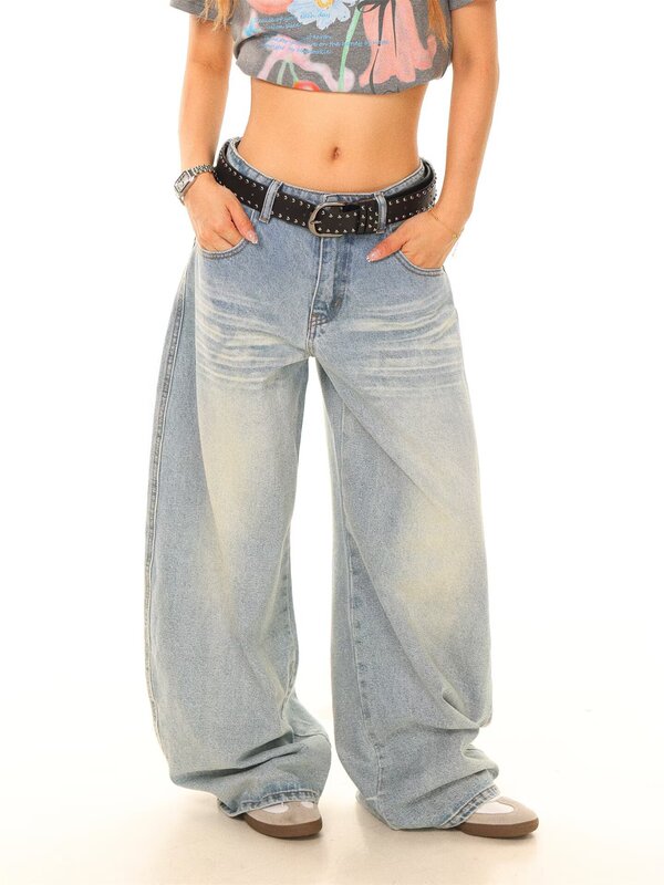 Blue Low-Waist Wide-Leg Jeans for Women in Early Spring New Loose Street Boyfriend Style Drapey Versatile Slimming Straight Pants