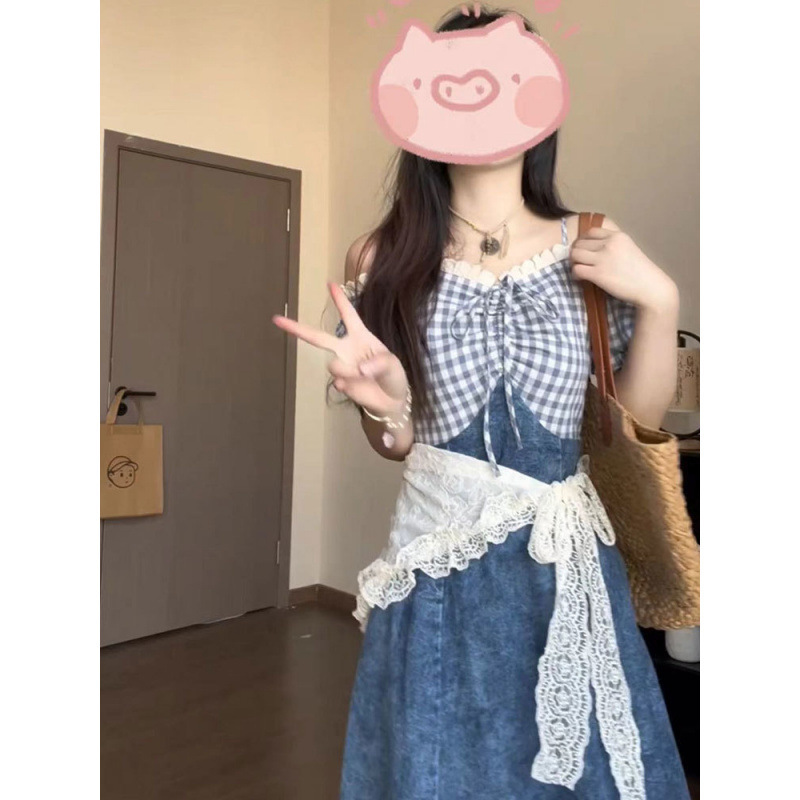 Japanese Retro Plaid Splicing Off-Shoulder Suspender Dress for Female Students Summer New Waist Slimming Long Skirt Japanese Retro Plaid Splicing Off-Shoulder Suspender Dress for Female Students Summer New Waist Slimming Long Skirt