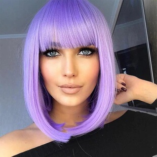 Women's short straight hair neat bangs bag face student hair BOBO head wig color green purple gold mechanism headgear