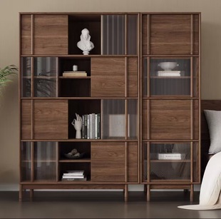 North American Black Walnut Solid Wood Bookcase Combination Storage Cabinet Storage Cabinet Modern Simple Glass Door Study Bookcase