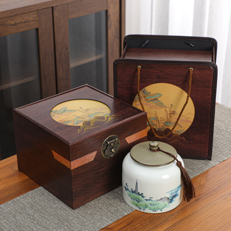 陶瓷茶叶包装盒红茶绿茶白茶龙井茶叶罐高档复古木盒茶罐礼盒批发