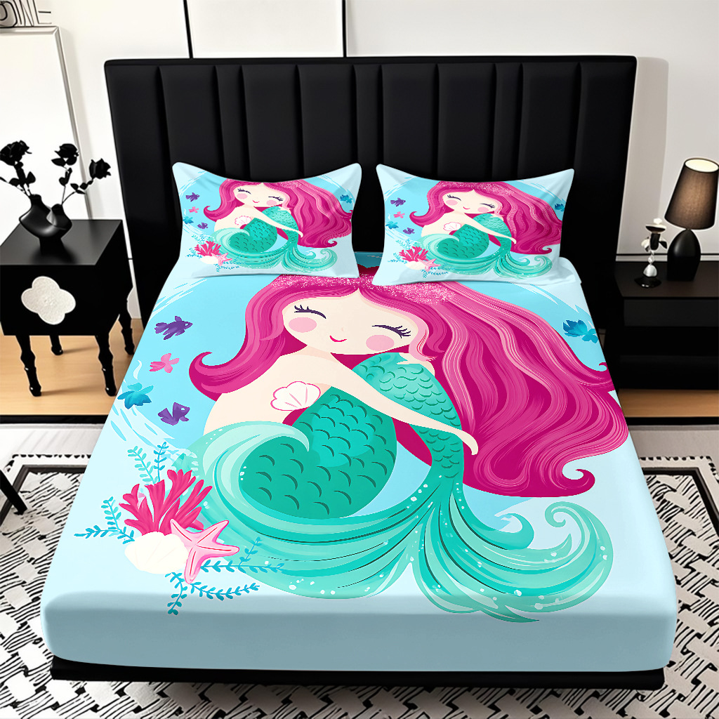 Modo JIT Temu serie de dibujos animados de sirena textil doméstico impresión digital cama de cama de cama kit fábrica de procesamiento