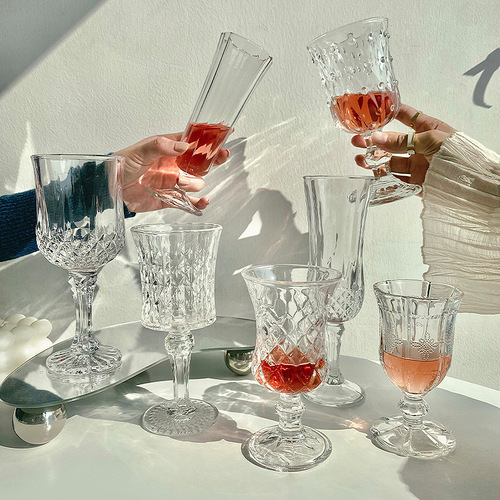 氛围感酒杯杯子复古浮雕钻石杯玻璃杯高脚杯香槟杯果汁杯
