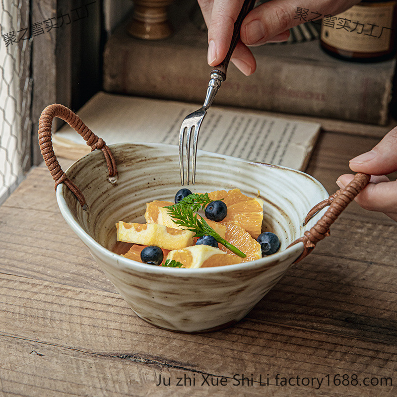 Creative Simple Ceramic Deep Bowl Dish Bowl Household Stoneware Special-Shaped Thick Salad Bowl Matte Fruit Kiln Ramen Bowl
