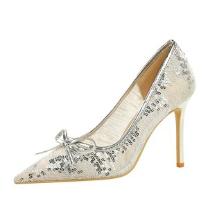 1963-12 European and American style sexy banquet lace sequin decoration bow, one foot high heels pointed single shoes