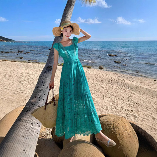 New Arrival Flared Sleeve Single-Breasted Embroidered Hollowed-Out Patchwork Maxi Dress