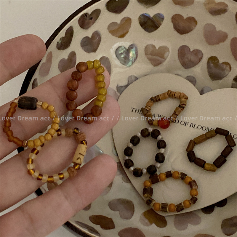 New Niche Design Curry Wood Beaded Ring New Chinese Style National Tide Ring Ring Fashion Jewelry for Women