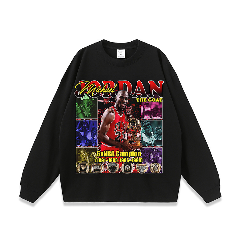 European and American Hip-hop Basketball Star T-shirt Printed Heavyweight Distressed Washed Men's and Women's Long-sleeved T-shirt American High Street Top