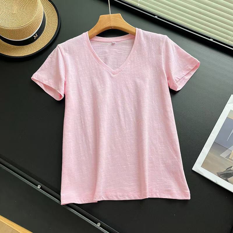2026 Summer Women's Fashion Sweet and Spicy Versatile Bamboo Yarn V-Neck T-Shirt Short Sleeve Base Top 483576 483460
