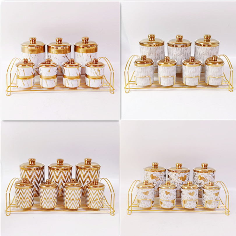 Comercio exterior transfronterizo de exportación de galvanoplastia cerámica sellada tarro cocina condimento tarro de doble capa de oro tarro de almacenamiento tarro de té de café