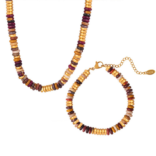 Handmade Bead Necklace Set with Natural Multicolored Stone Beads, Ethnic Style, Retro Fashion, Personalized Bracelet and Jewelry Set
