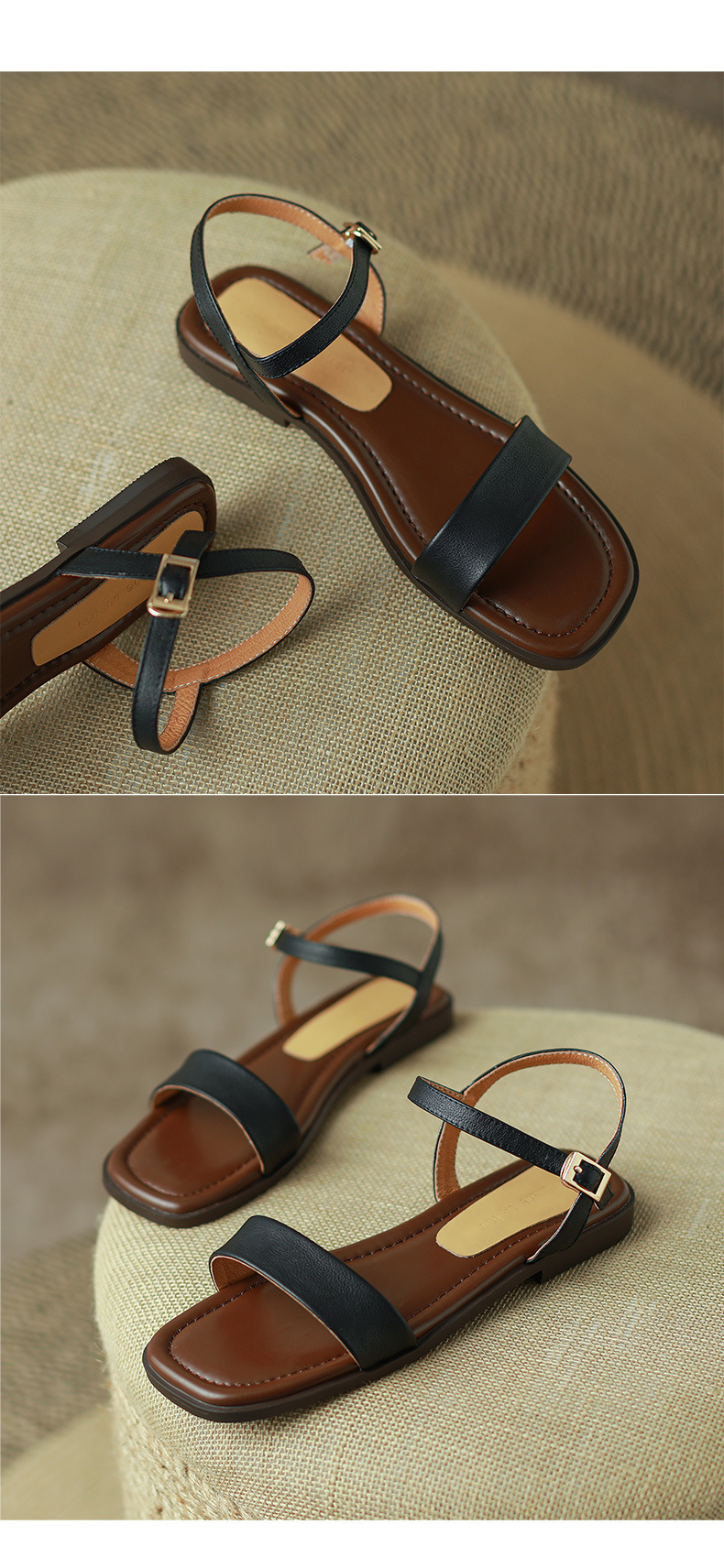 Sandal nữ quai ngang đế bệt hở mũi khóa gài đơn giản — Màu đen chi tiết 8
